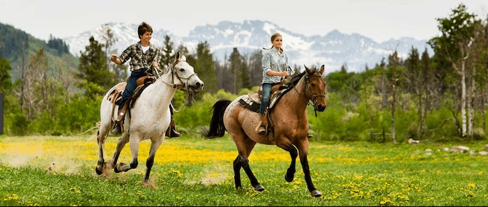Confident plus-size woman riding Hereford a horse through a field with a smile on her face.